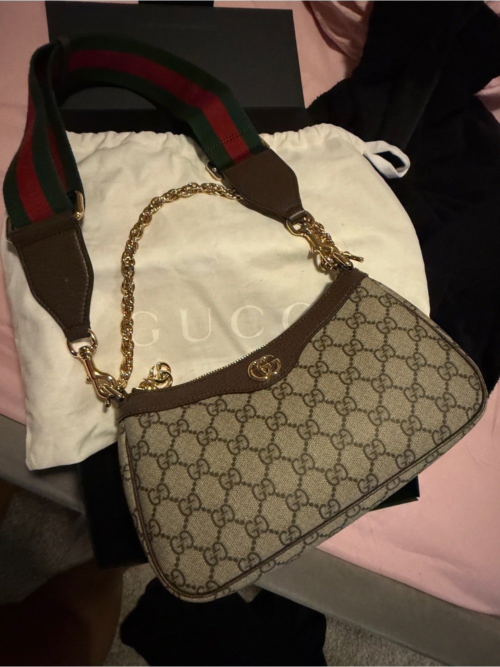 Gucci Beige Brown GG Canvas Shoulder Bag with Green-Red Strap